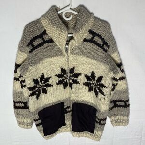 Vintage Handmade Cream Brown Snowflake Pattern Cowichan Sweater Zip Front S